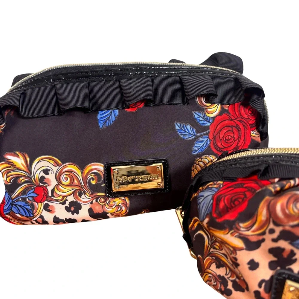 Betsey Johnson 2pc Cosmetic Bag Set Floral Leopard Ruffle Black Red Gold Rose